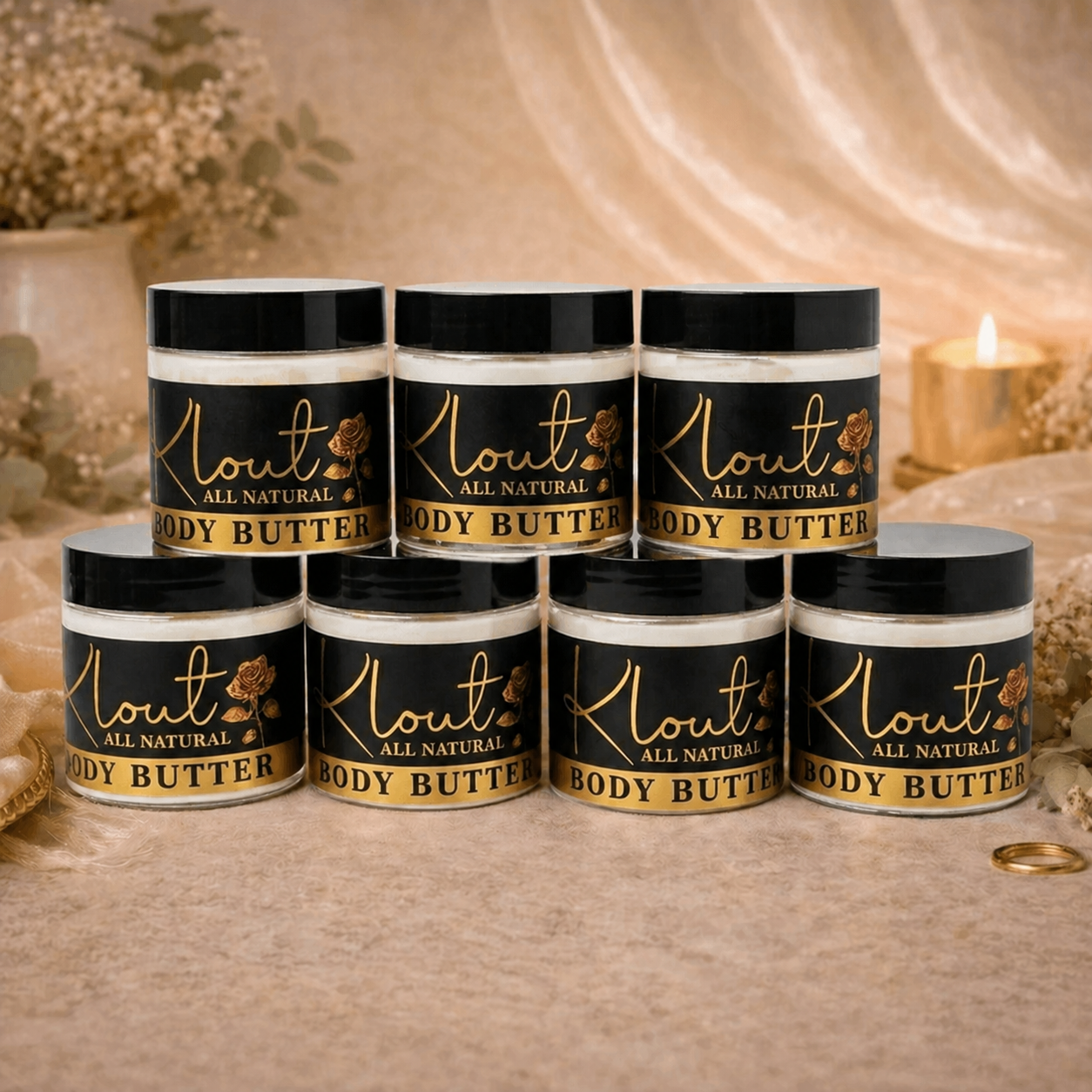 Complete range of natural whipped body butters by Klout Kulture for dry skin hydration and smooth glowing skin
